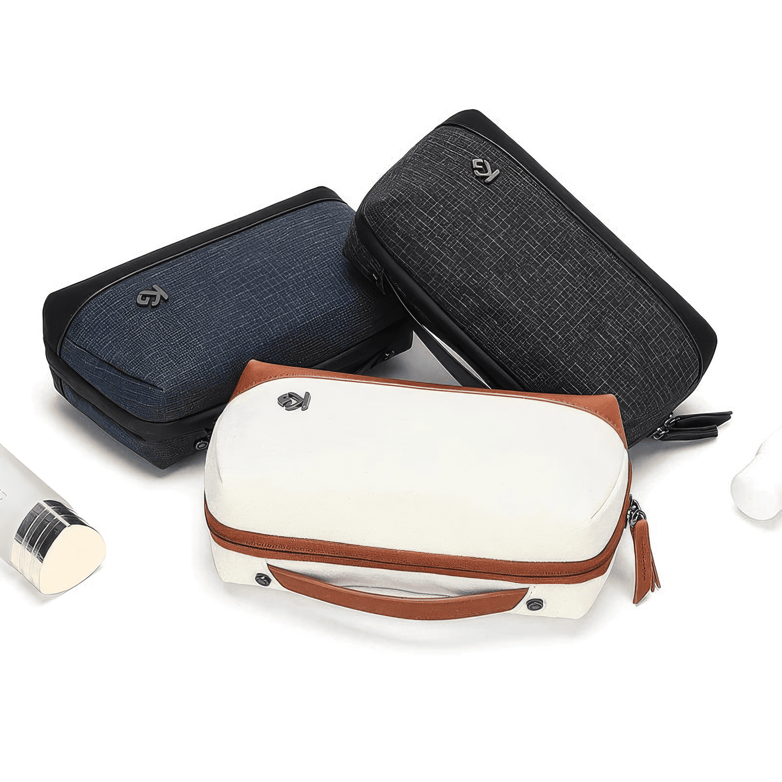 Lot de trousses de toilette homme modernes en bleu, blanc et gris avec poignée pratique