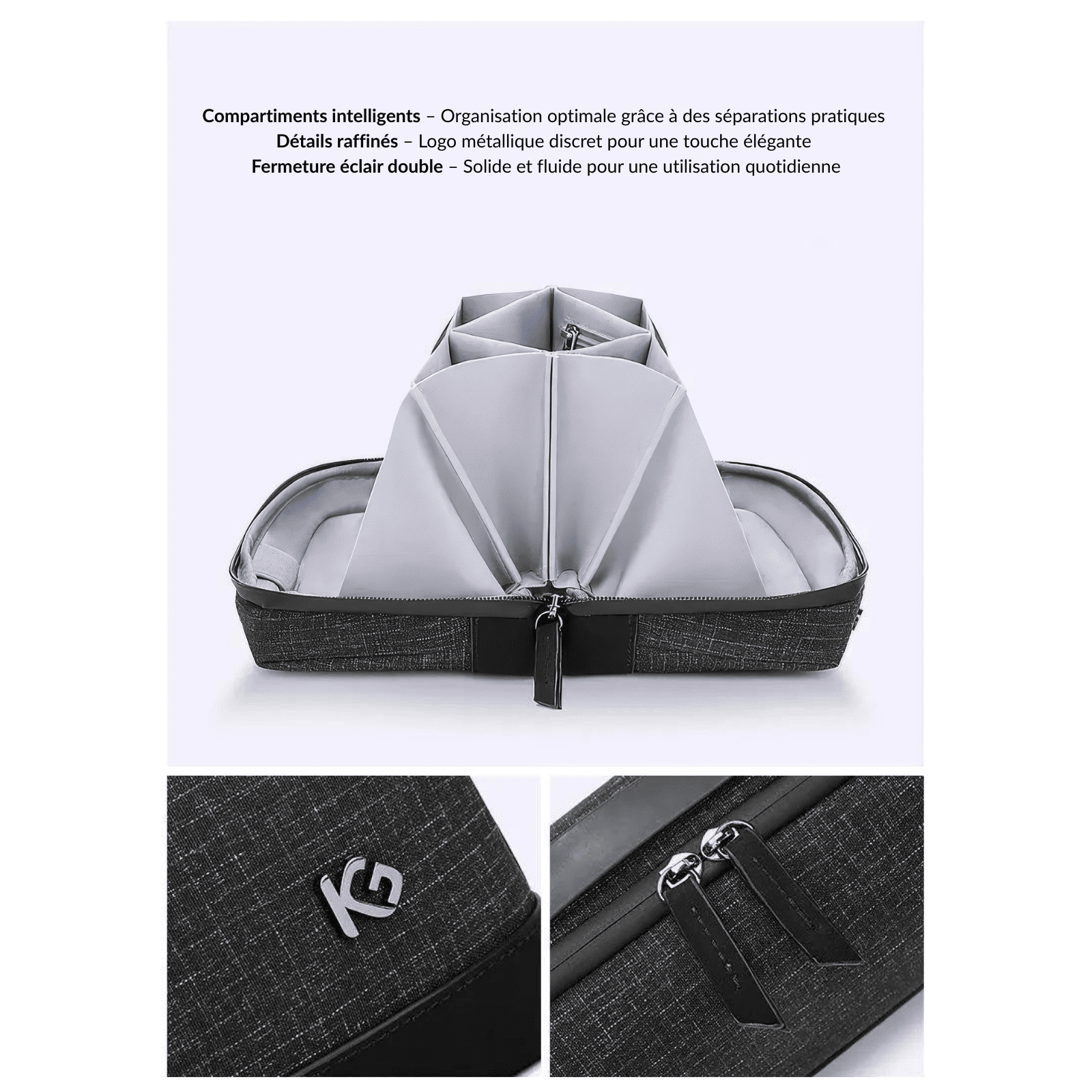 Intérieur de trousse de toilette homme moderne avec compartiments intelligents et séparations pratiques