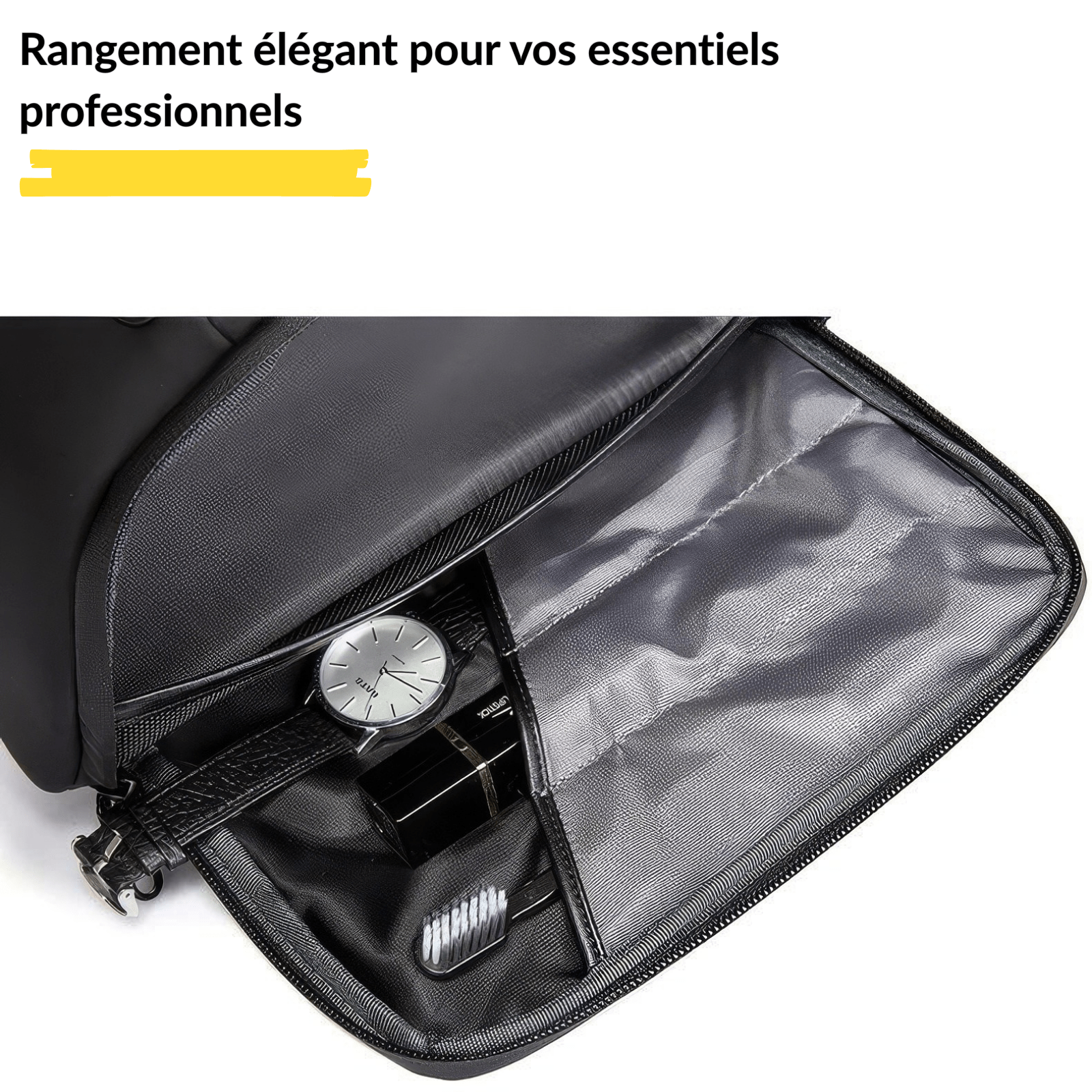 Compartiment intérieur de trousse de toilette homme noire avec montre et accessoires.