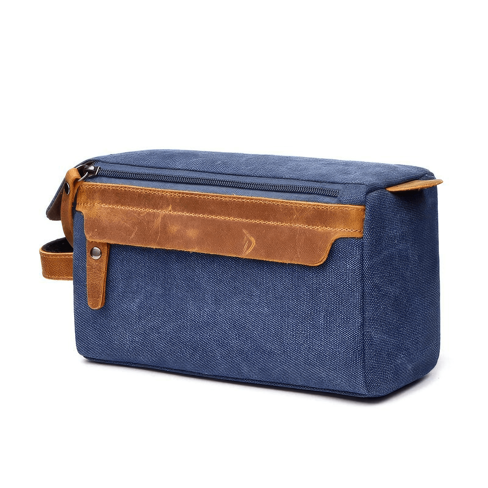 Trousse de toilette homme rigide bleue élégante avec détails en cuir