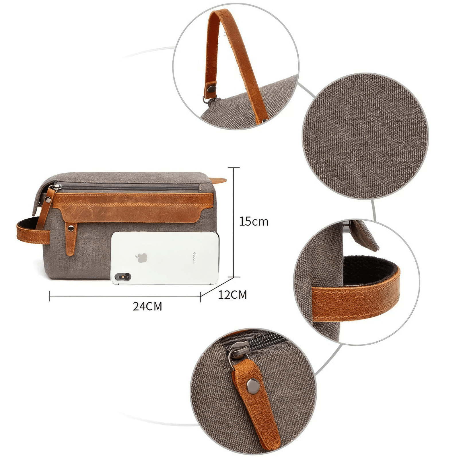 Dimensions trousse de toilette homme rigide 24 x 15 x 12 cm avec détails