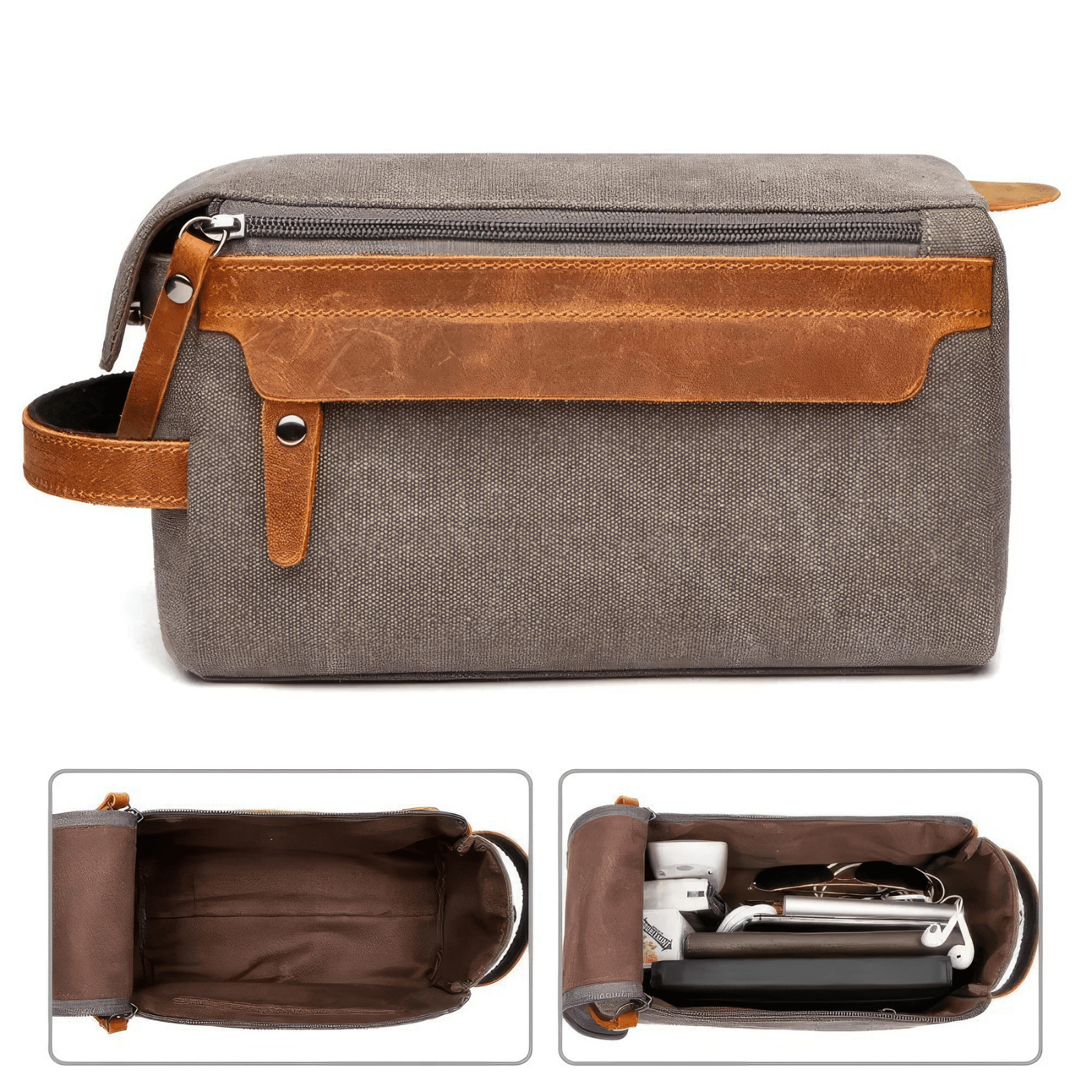 Trousse de toilette homme rigide grise avec intérieur spacieux et compartiments pratiques