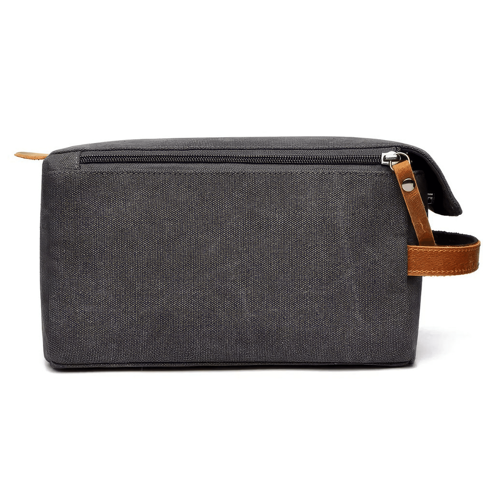 Trousse de toilette homme rigide noire en toile et cuir avec fermeture éclair