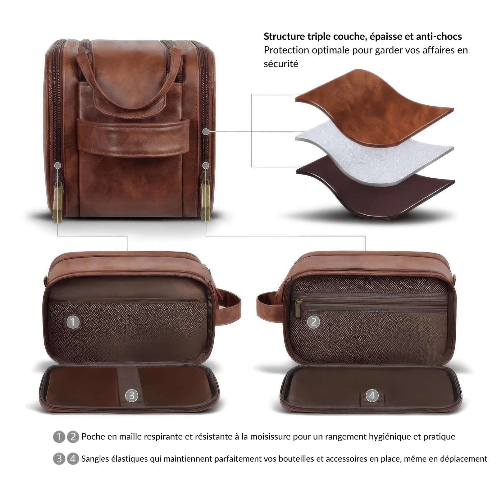 Trousse de toilette homme simili cuir marron avec structure triple couche anti-chocs et poches intérieures