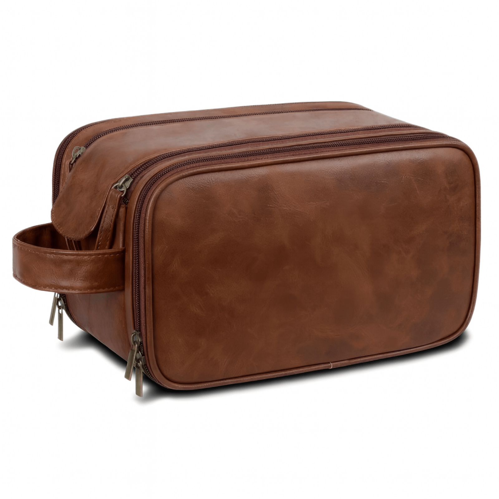 Trousse de toilette homme simili cuir marron clair avec double fermeture éclair
