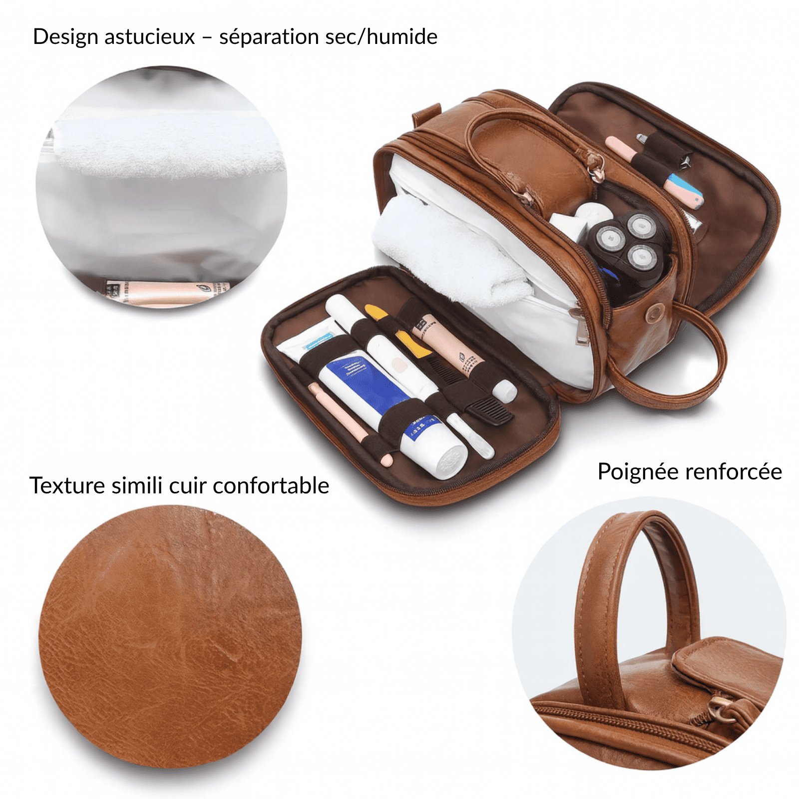 Détails de la trousse de toilette homme en simili cuir marron, poignée renforcée, texture confortable et compartiments séparés pour accessoires secs et humides.