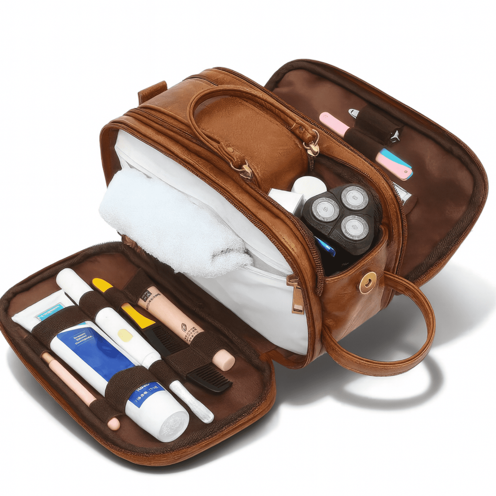 Intérieur de la sacoche de toilette homme en simili cuir marron, multiples compartiments de rangement et poche centrale spacieuse.