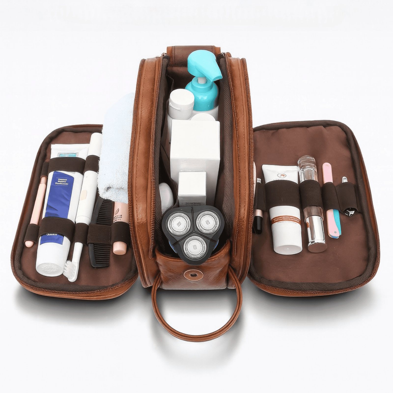 Trousse de toilette homme en simili cuir marron ouverte, avec rangements multiples pour produits de soin, brosse à dents et rasoir.