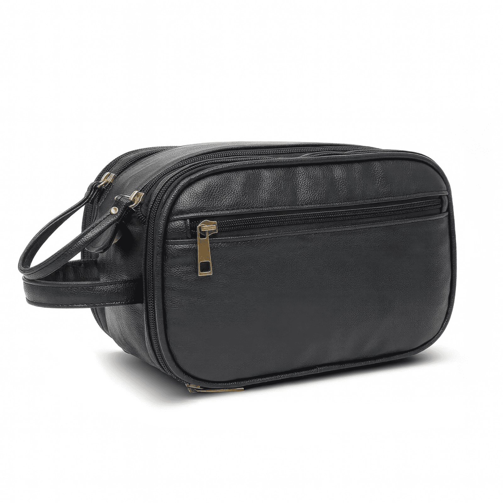 Trousse de toilette homme en simili cuir noir, finition élégante et résistante à l’eau, idéale pour les voyages et les séjours professionnels.
