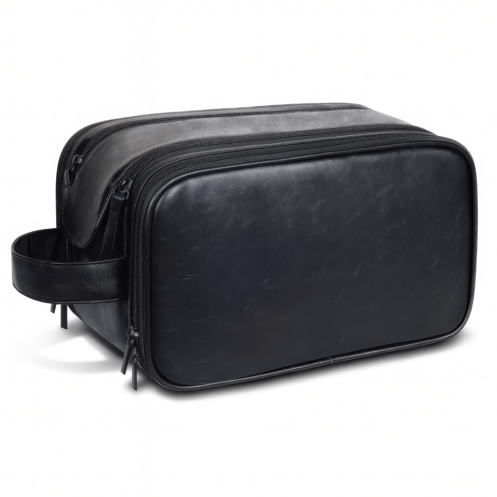 Trousse de toilette homme simili cuir noire élégante avec double fermeture éclair