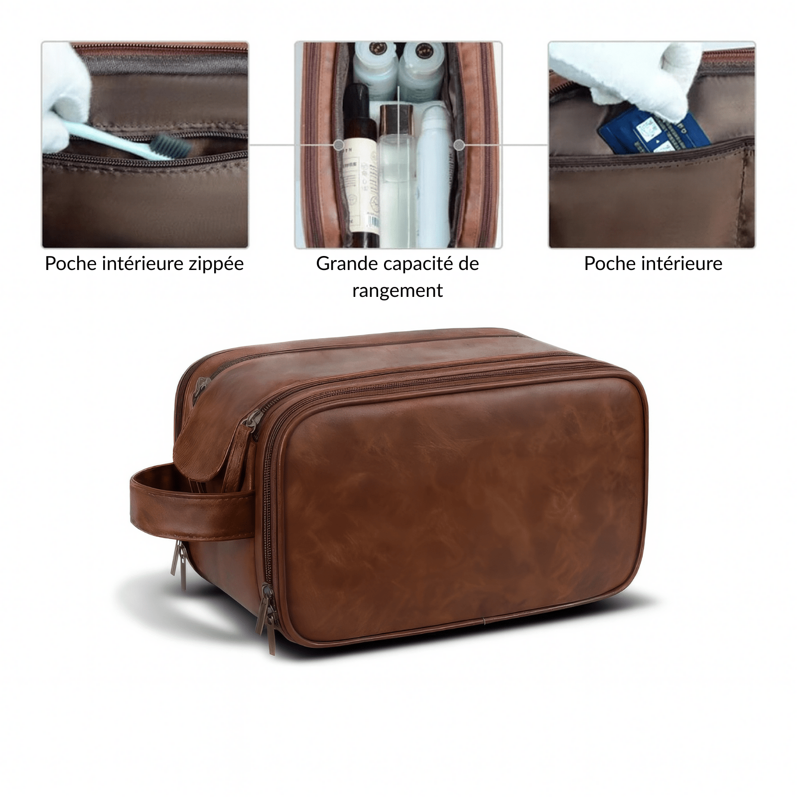 Trousse de toilette homme simili cuir marron avec grande capacité de rangement et poches zippées