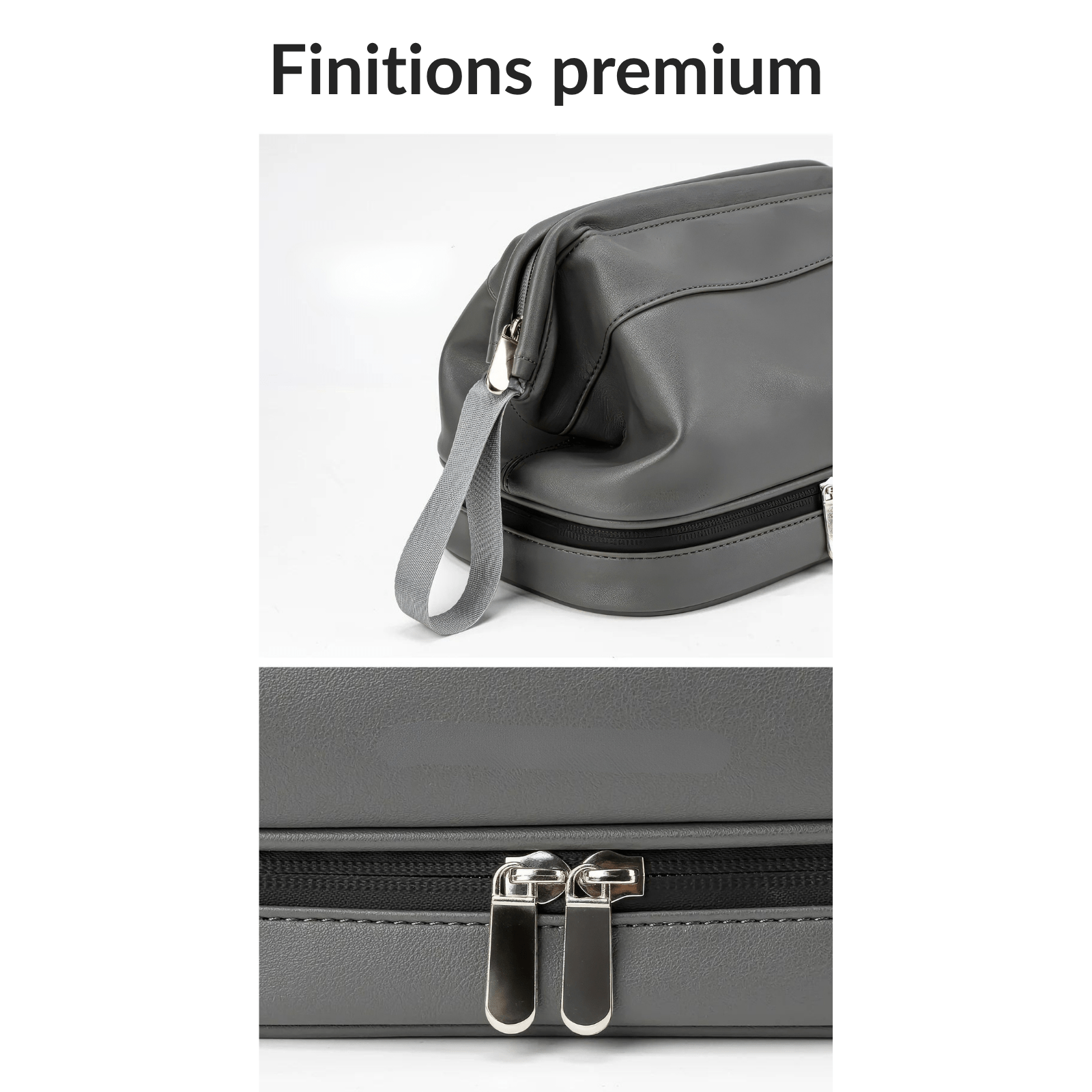 Trousse de toilette homme sport grise avec finitions premium, fermeture éclair métallique et sangle de transport solide