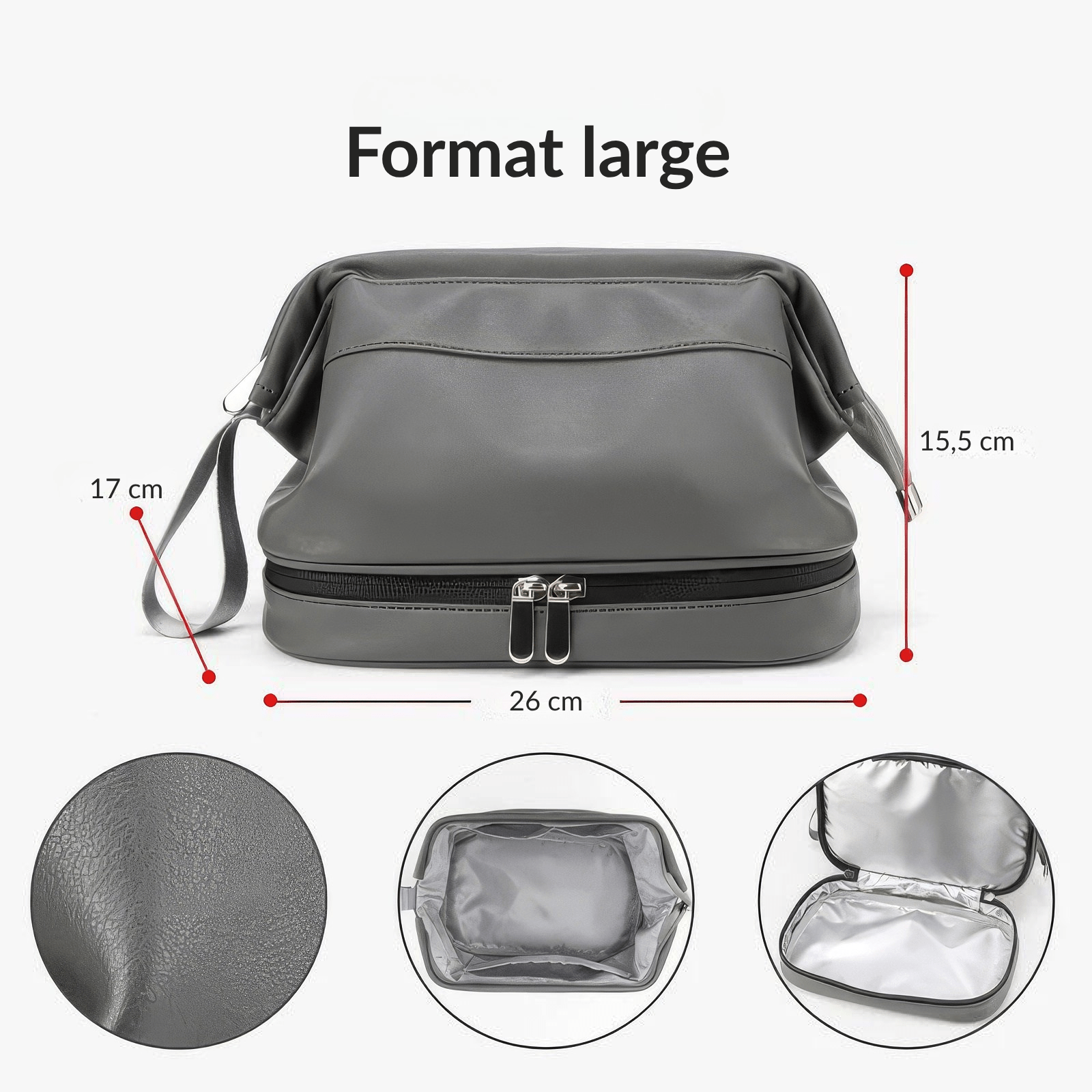 Trousse de toilette homme sport grise grand format 26 x 17 x 15,5 cm avec double fermeture éclair et doublure imperméable