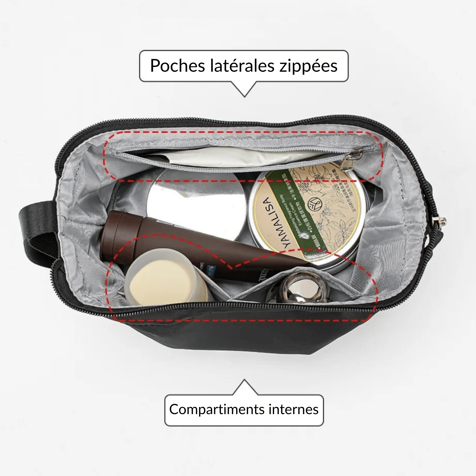 Intérieur trousse de toilette homme sport avec poches latérales zippées et compartiments internes pour produits de soin