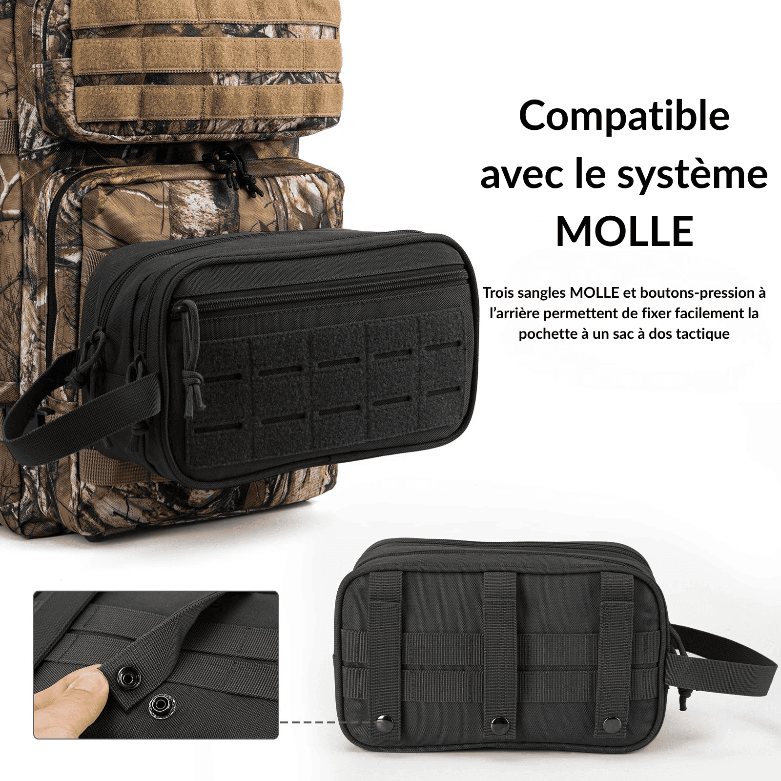 Trousse de toilette militaire compatible avec système MOLLE, fixée à un sac à dos tactique grâce à des sangles et boutons-pression robustes.