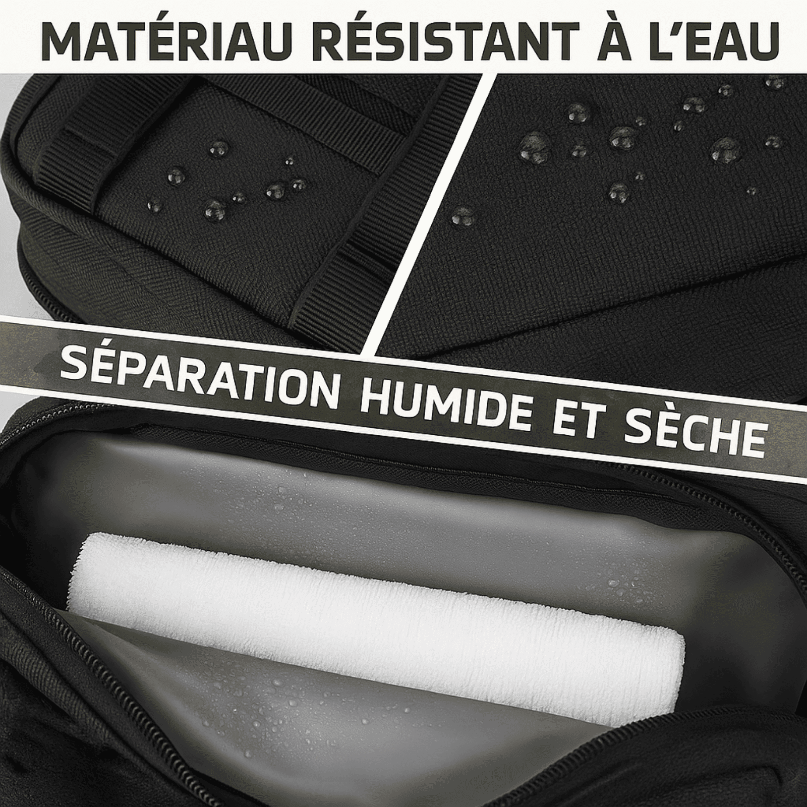 Trousse de toilette militaire étanche avec séparation humide et sèche, tissu résistant à l’eau et compartiment imperméable.