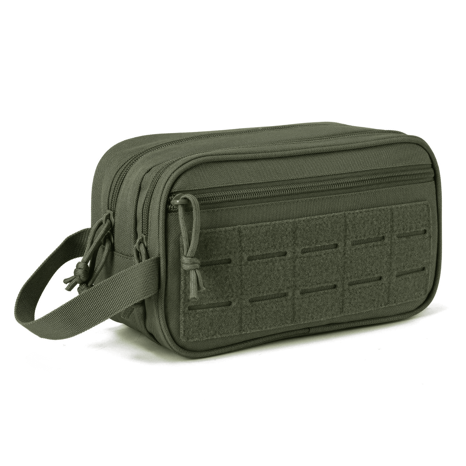Trousse de toilette militaire kaki en nylon robuste, grand espace de rangement avec poches multiples et design tactique MOLLE.