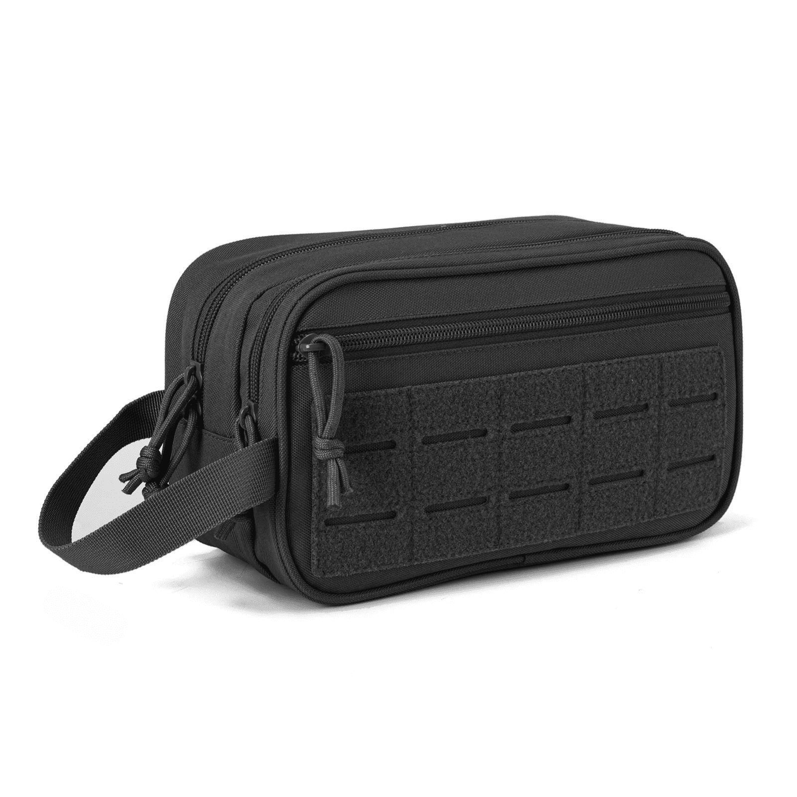 Trousse de toilette militaire noire en tissu résistant, design tactique avec poignée latérale et fermetures éclair renforcées.