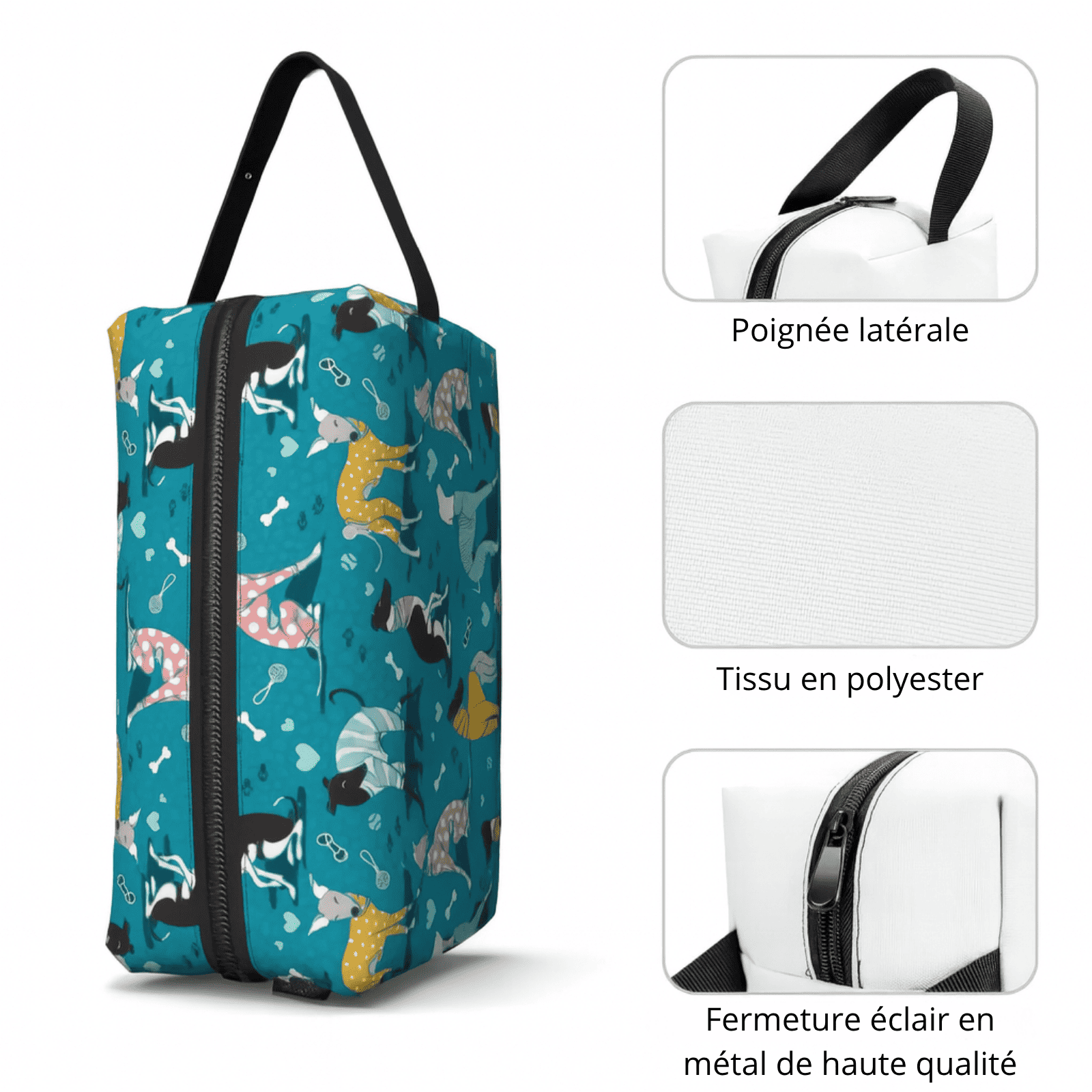 Détails de la trousse de toilette de voyage cabine motif chiens, tissu polyester résistant, fermeture éclair en métal et poignée latérale renforcée.